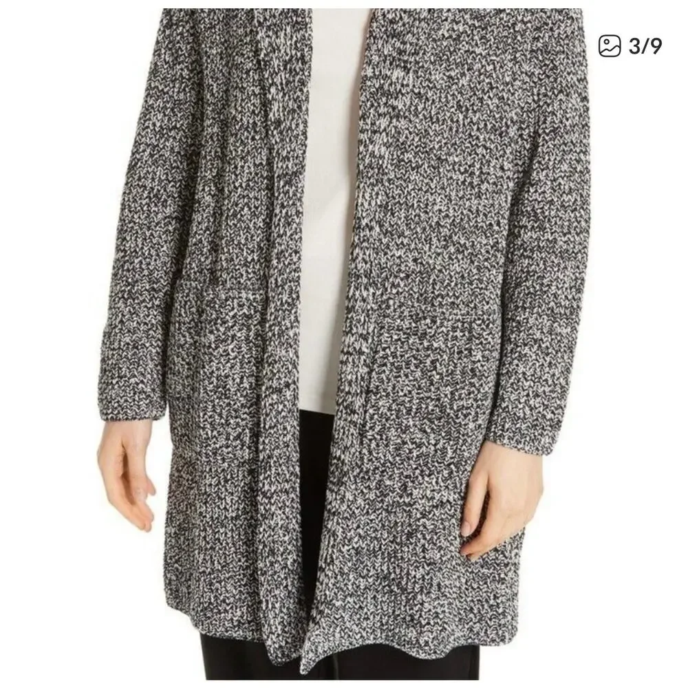 Eileen Fisher Organic Cotton Chenille Boyfriend Cardigan Sweater Black S $388